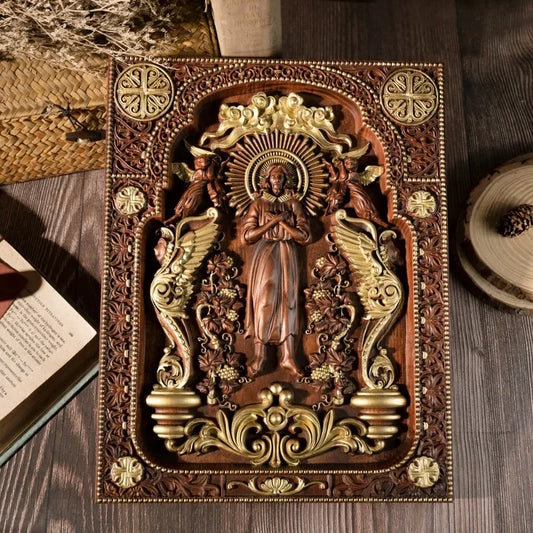 Vintage Jesus Ascension Icon – Wooden Lion Statue Home Decor