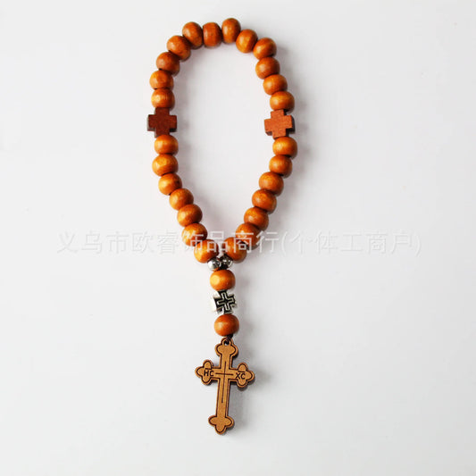 2025 Hot Sale Handmade Wooden Cross Prayer Beads Baptism Necklace Christian Jewelry for Men Women Religious Accessories
