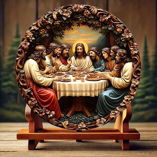 2D 8in Wooden Circular Disc Jesus and Disciples Flat Christian Religious Art Church Prayer Room Living Room Home Decoration Gift