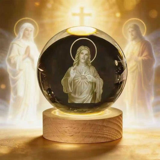 Illuminated Jesus and Virgin Mary Crystal Ball Set with Cross for Devotion rosarios catolicos  jesus christ
