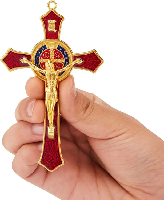 12*7cm Crucifix Red,Crucifix Wall Cross For Catholic Decor,Medalla De San Benito,Jesus Christ Hanging Cross Wall Decor