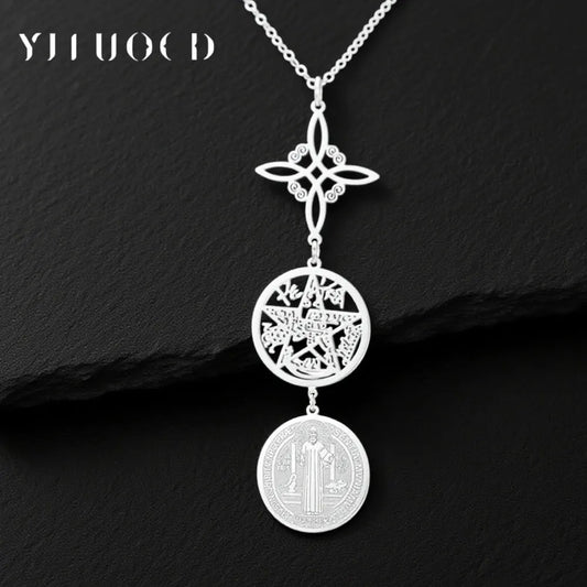 Triple Protection Necklace With Witch Knot Pentagram Tetragrammaton St. Benedict Stainless Steel Spiritual Symbol Amulet Jewerly