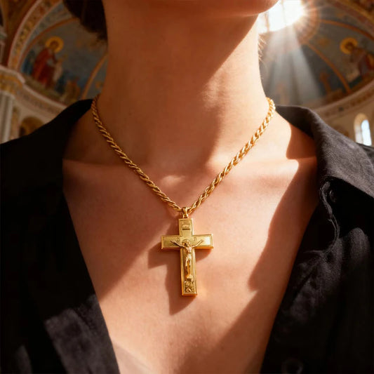 New2026 Eastern Orthodox Crucifix Pendant Chain with Cross Gold Silver Plated Alloy Christian Necklace Religious Deluxe Gift Box