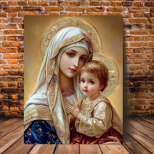 Virgin Mary Canvas Wall Art Baby Jesus Nestled in Virgin Mary Picture Prints Religious Christian Wall Decor for Living Room