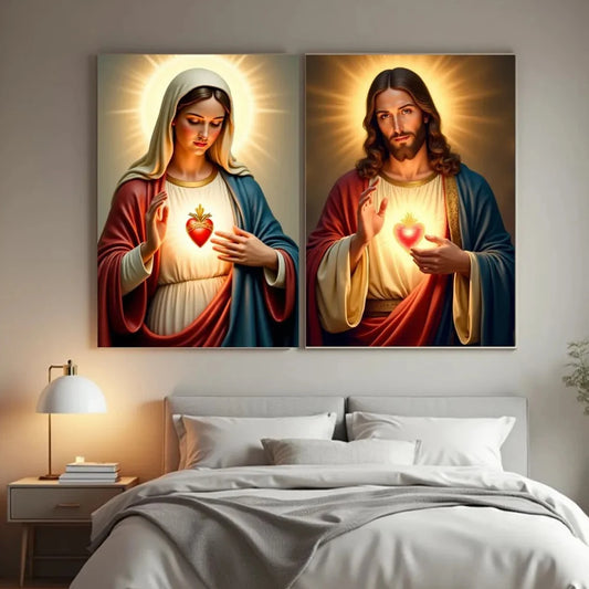 Christian Religious Jesus And Virgin Mary Sacred Heart Canvas Painting Catholic Holy Child Jesus Art Poster Christian Home Decor